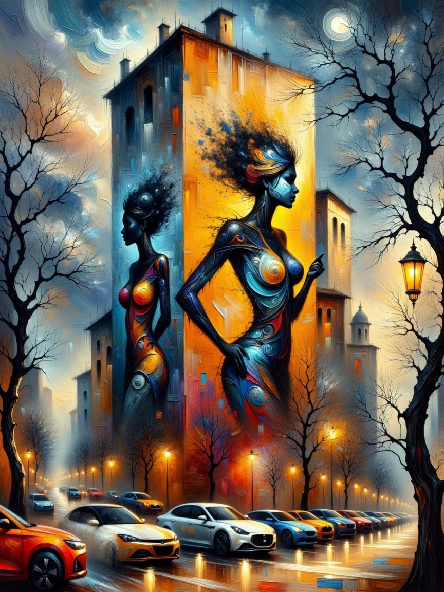 Stylized Female Figures in Vibrant Cityscape Art