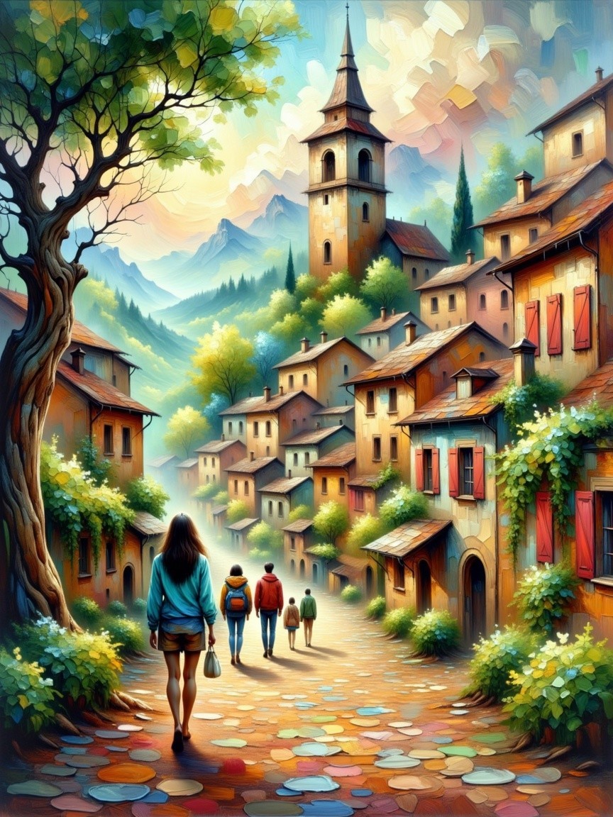 Vibrant Village Street with Colorful Houses and Nature
