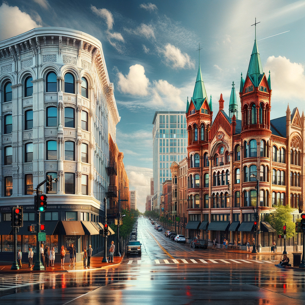 Vibrant Urban Street with Historic and Modern Architecture