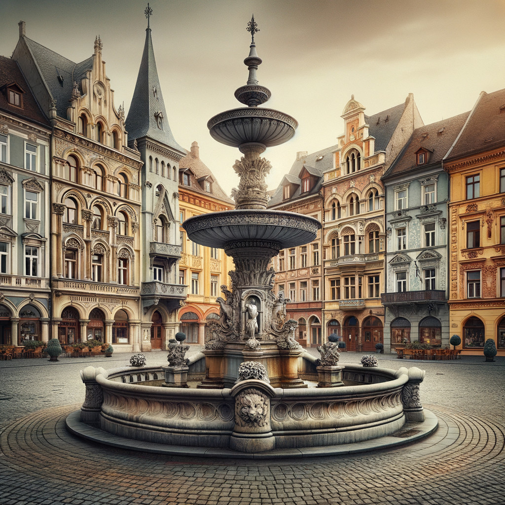 Ornate Fountain Surrounded by Historic Buildings