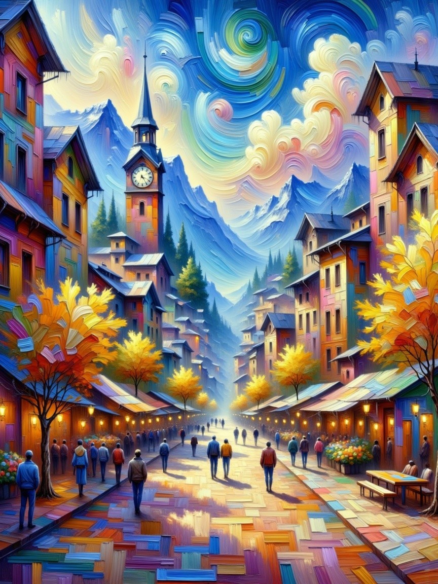 Colorful Village Street Scene with Autumn Trees