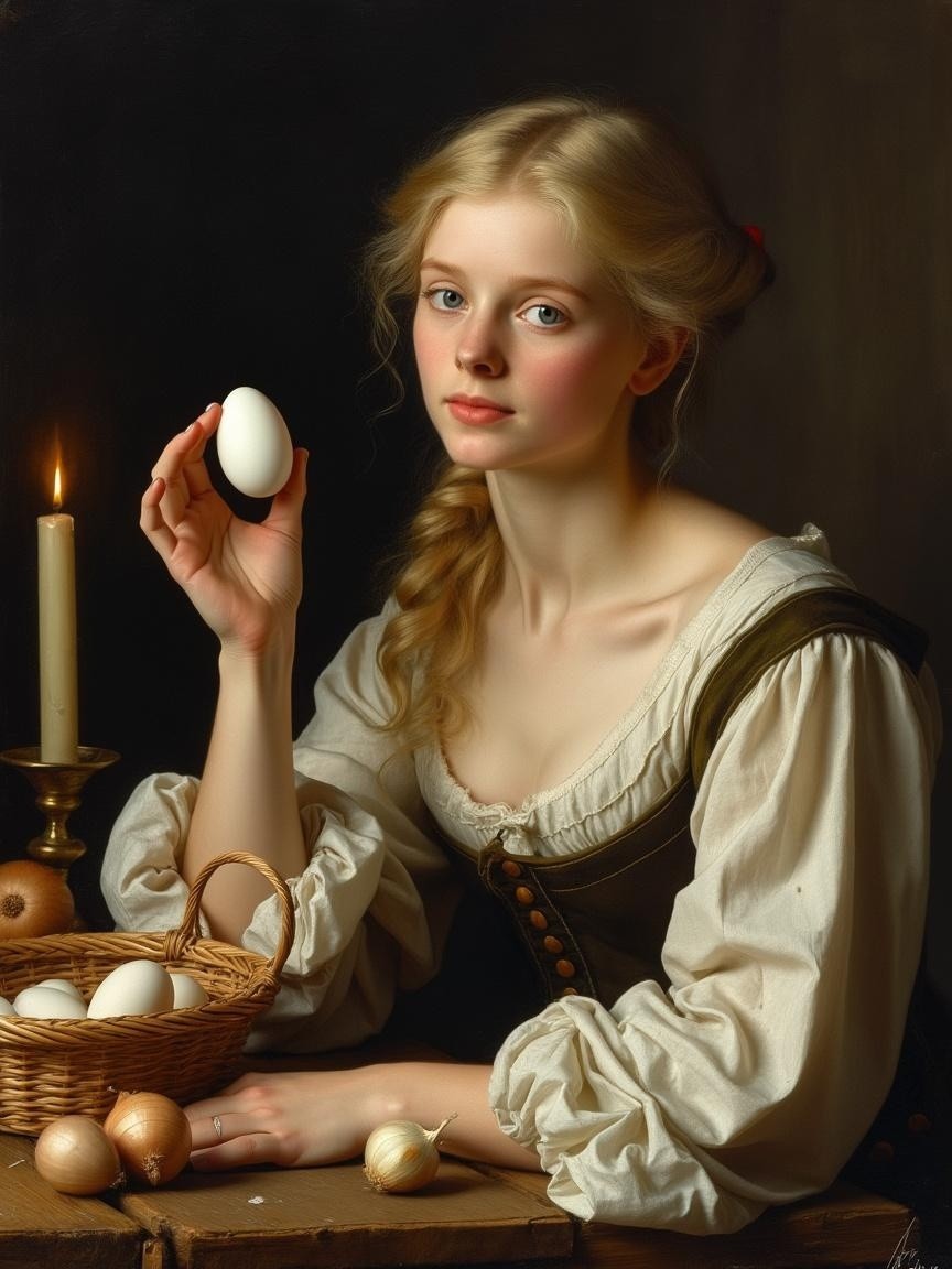Young woman with egg in vintage setting and candlelight