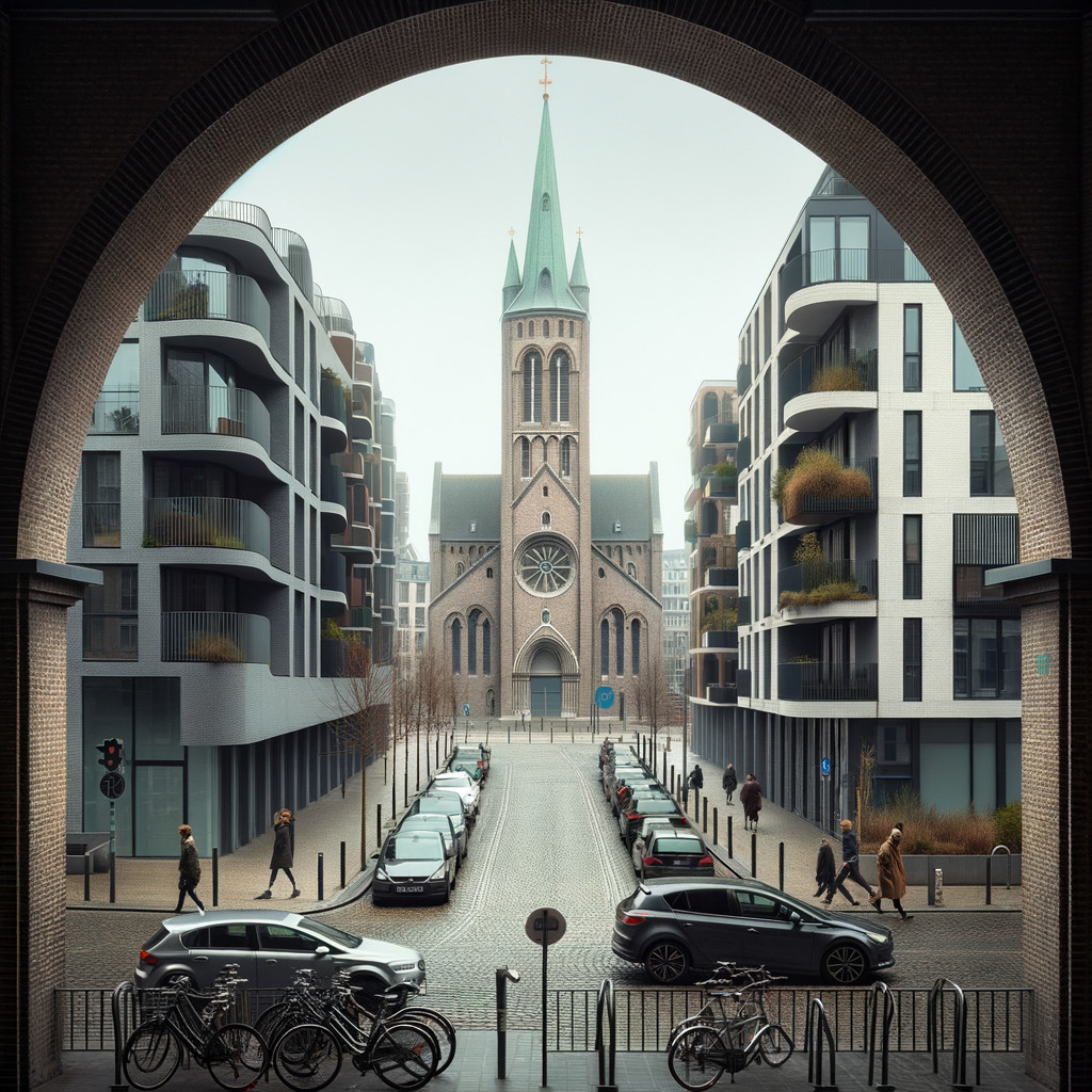 Modern Urban Scene with Archway and Cobblestone Street