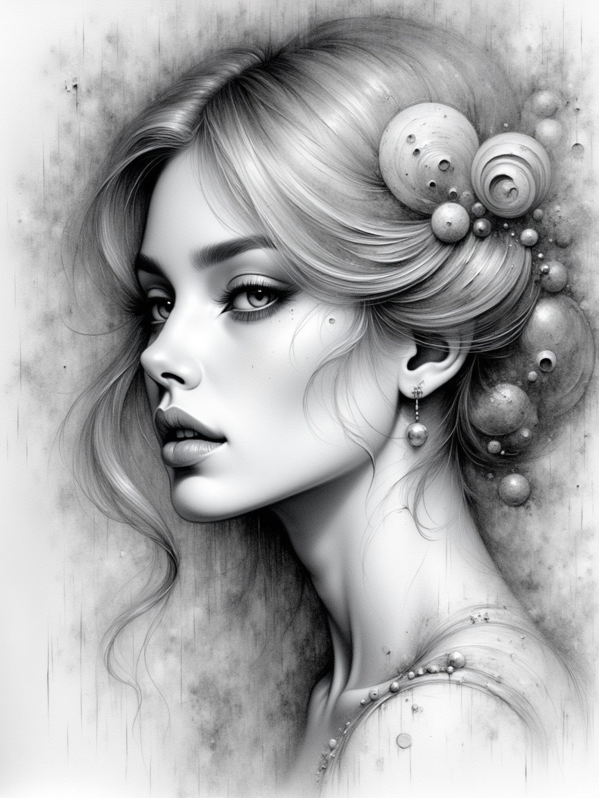 Black-and-white portrait of a woman with celestial motifs