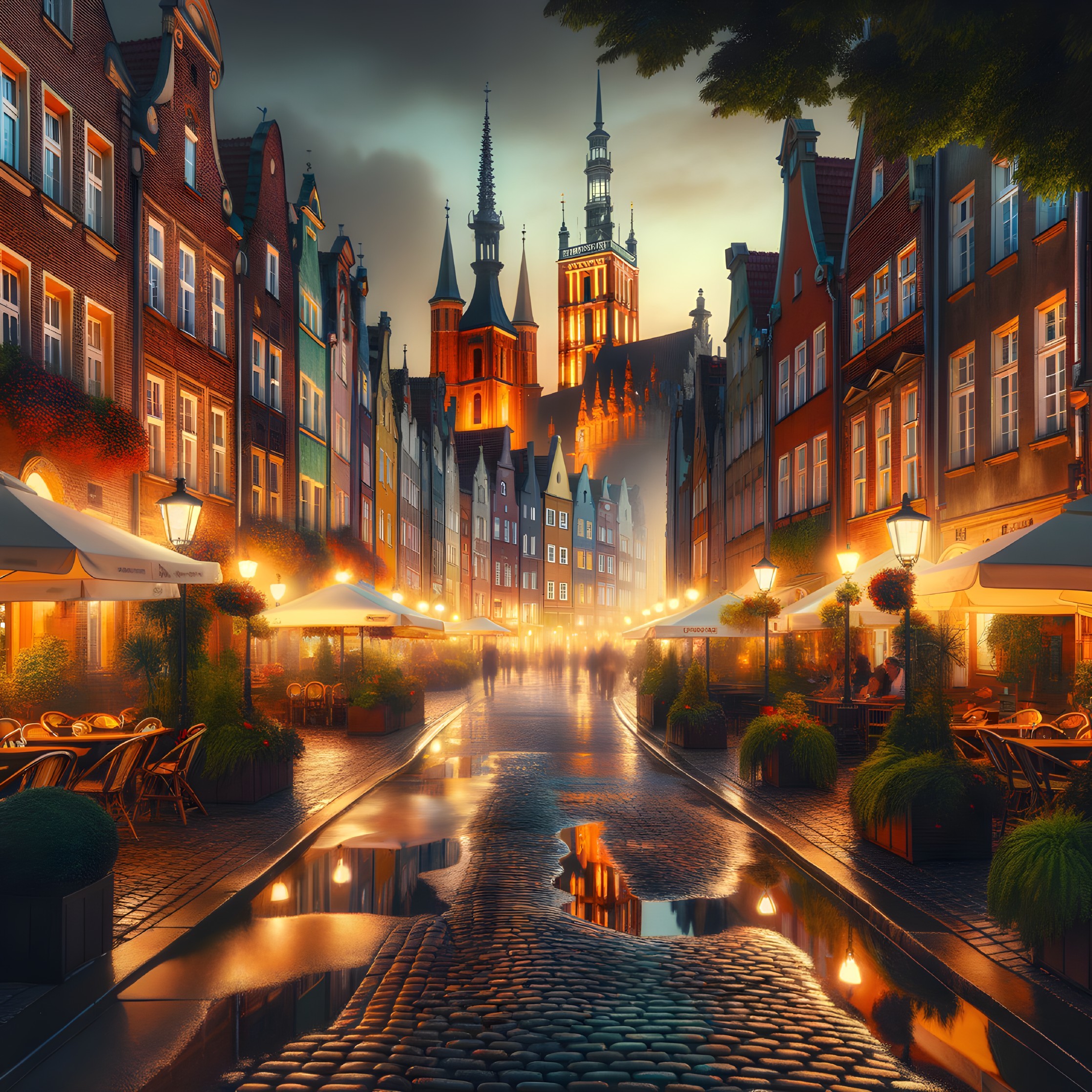 Historic Street Scene with Colorful Buildings and Castle
