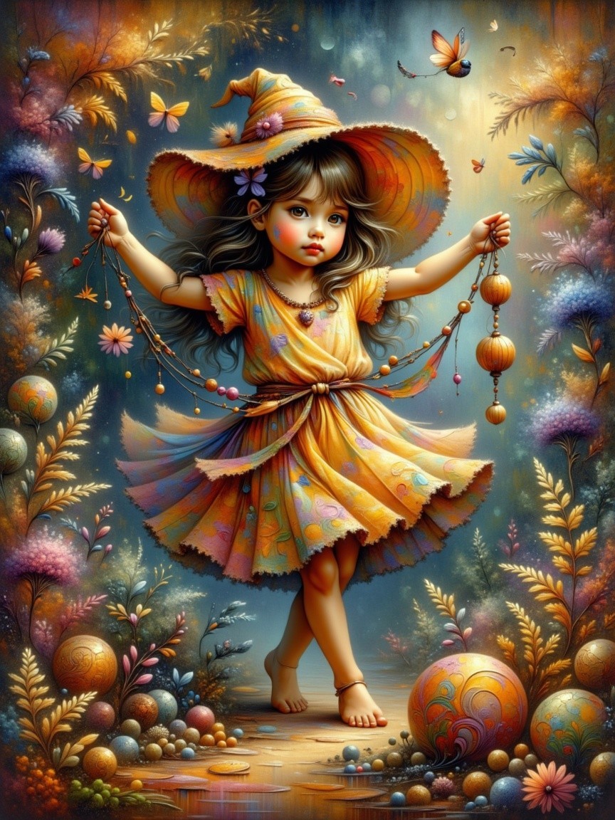 Whimsical Scene of a Girl in a Colorful Dress