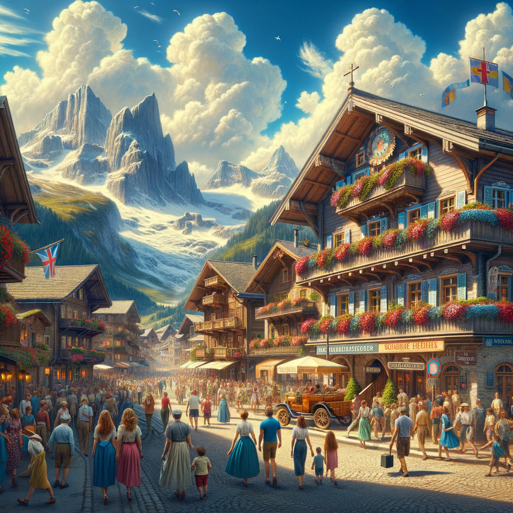 Charming Mountain Village with Wooden Chalets and Peaks