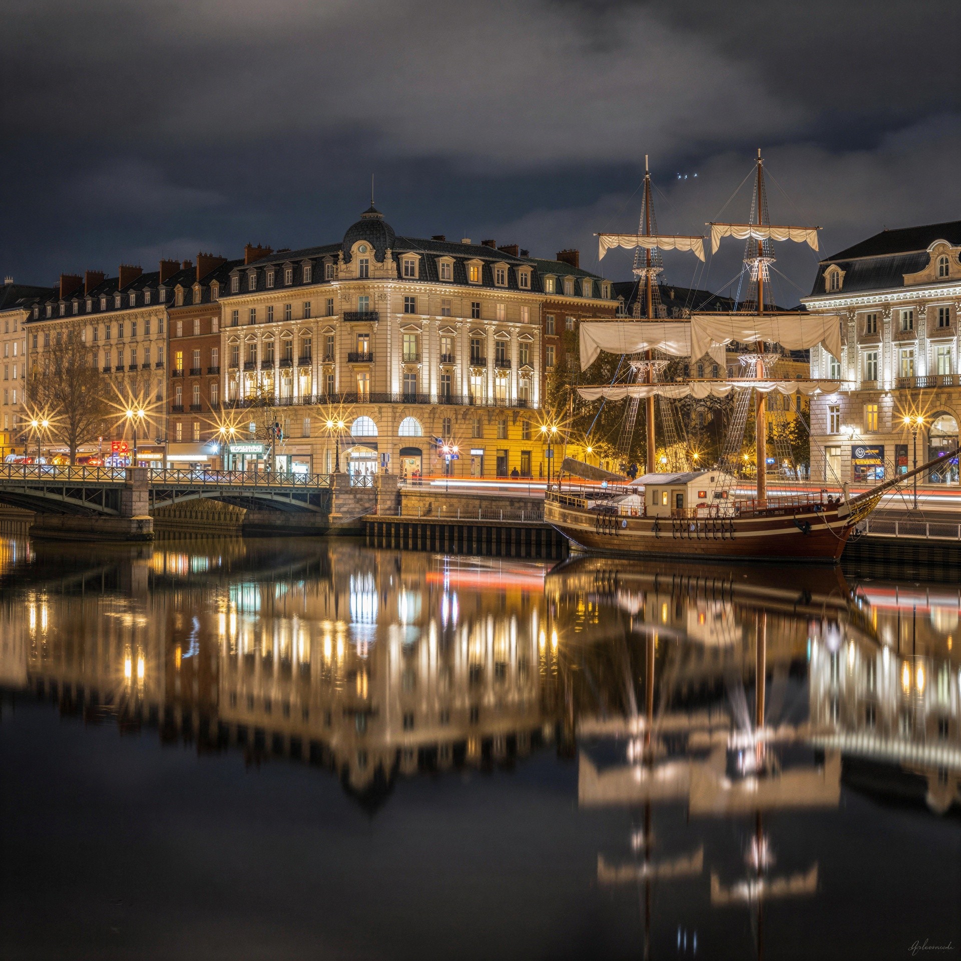 Nighttime Long Exposure of a Sailship on a River
