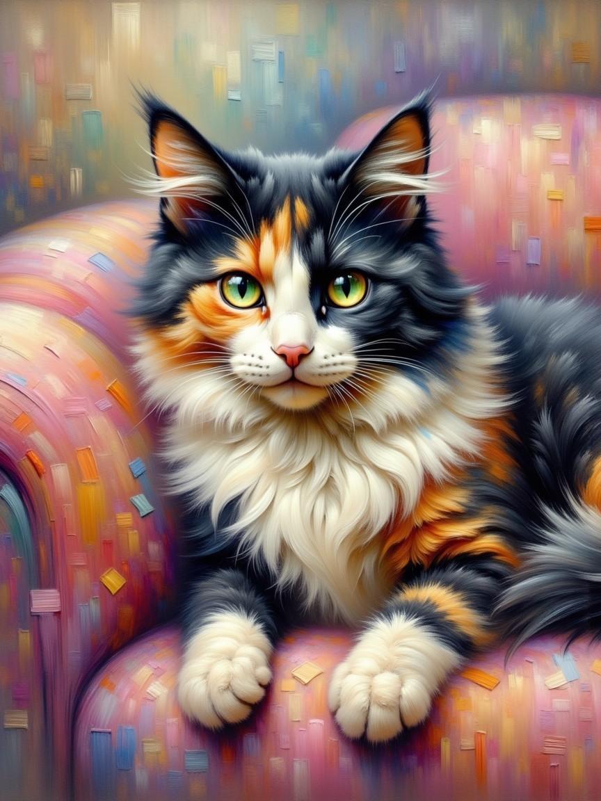 Fluffy Calico Cat on Colorful Pink Chair