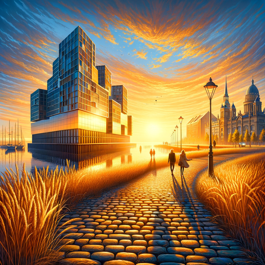 Sunset Over Reflective Building by Serene Waterfront