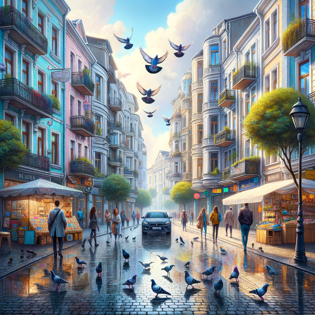 Vibrant Urban Street Scene with Pastel Buildings