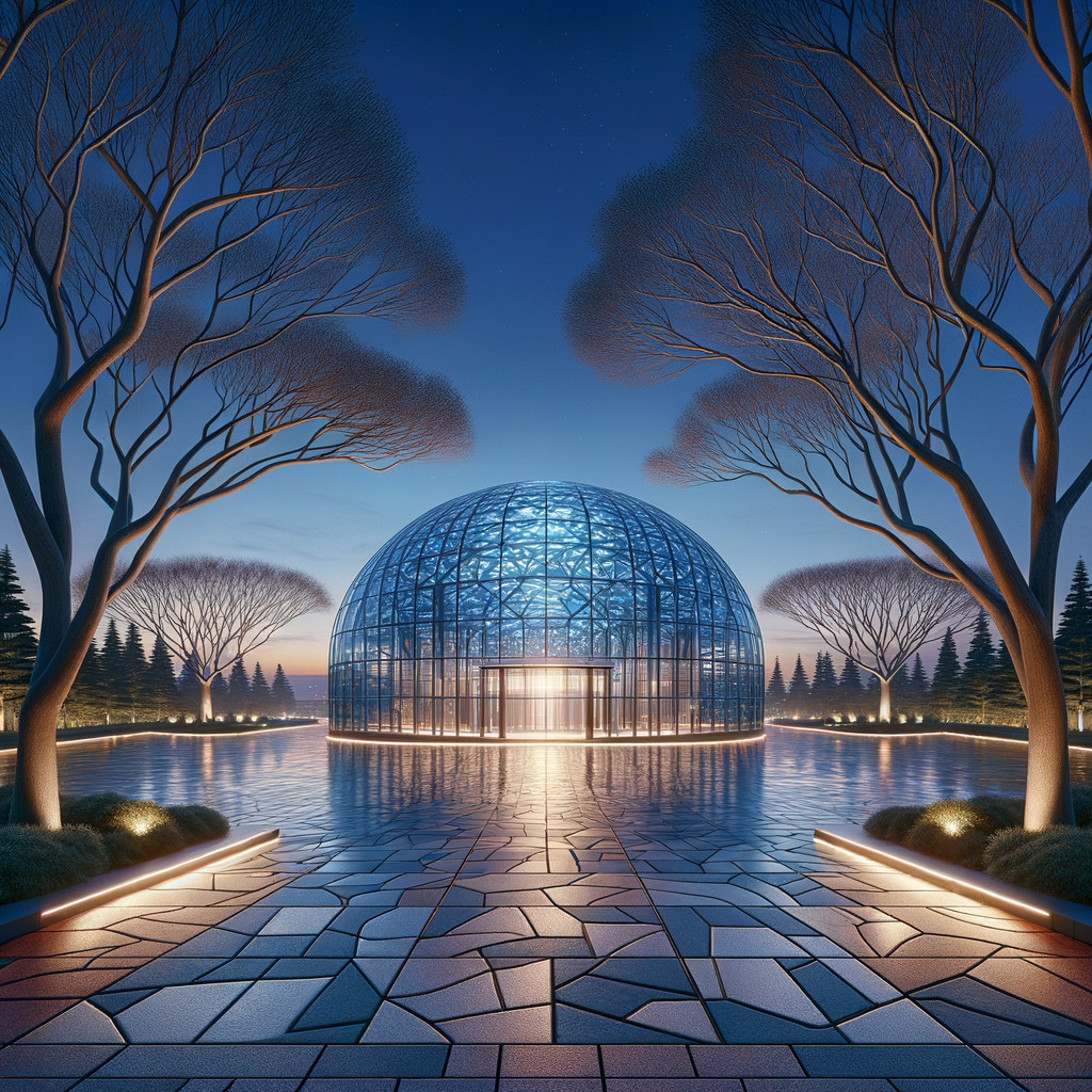 Twilight Scene with Glass Dome and Illuminated Pathway