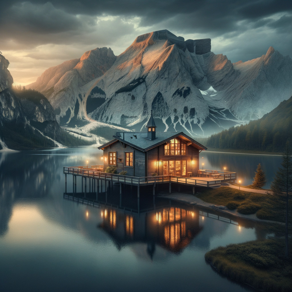 Lakeside Cabin at Dusk with Mountain Backdrop