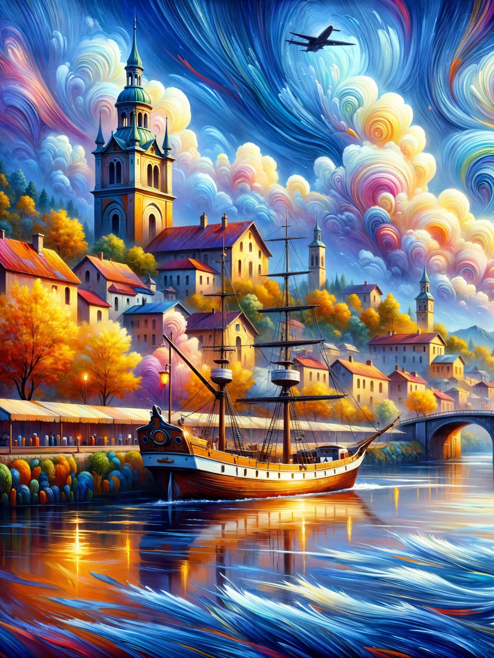 Vibrant Dreamlike Landscape with Serene River Town