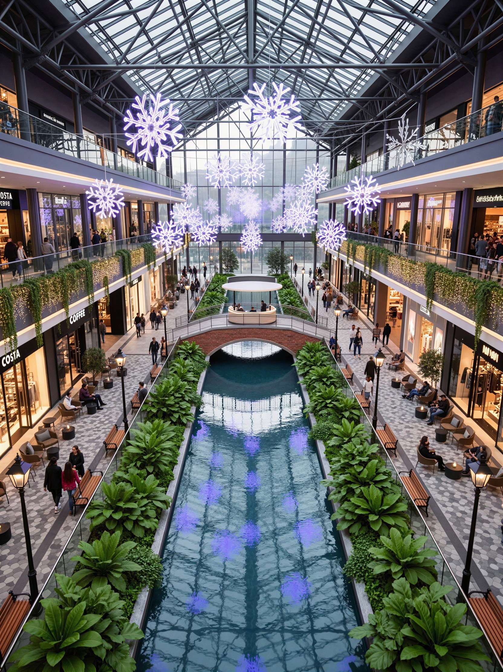 Indoor Shopping Mall with Christmas Decorations and Canal