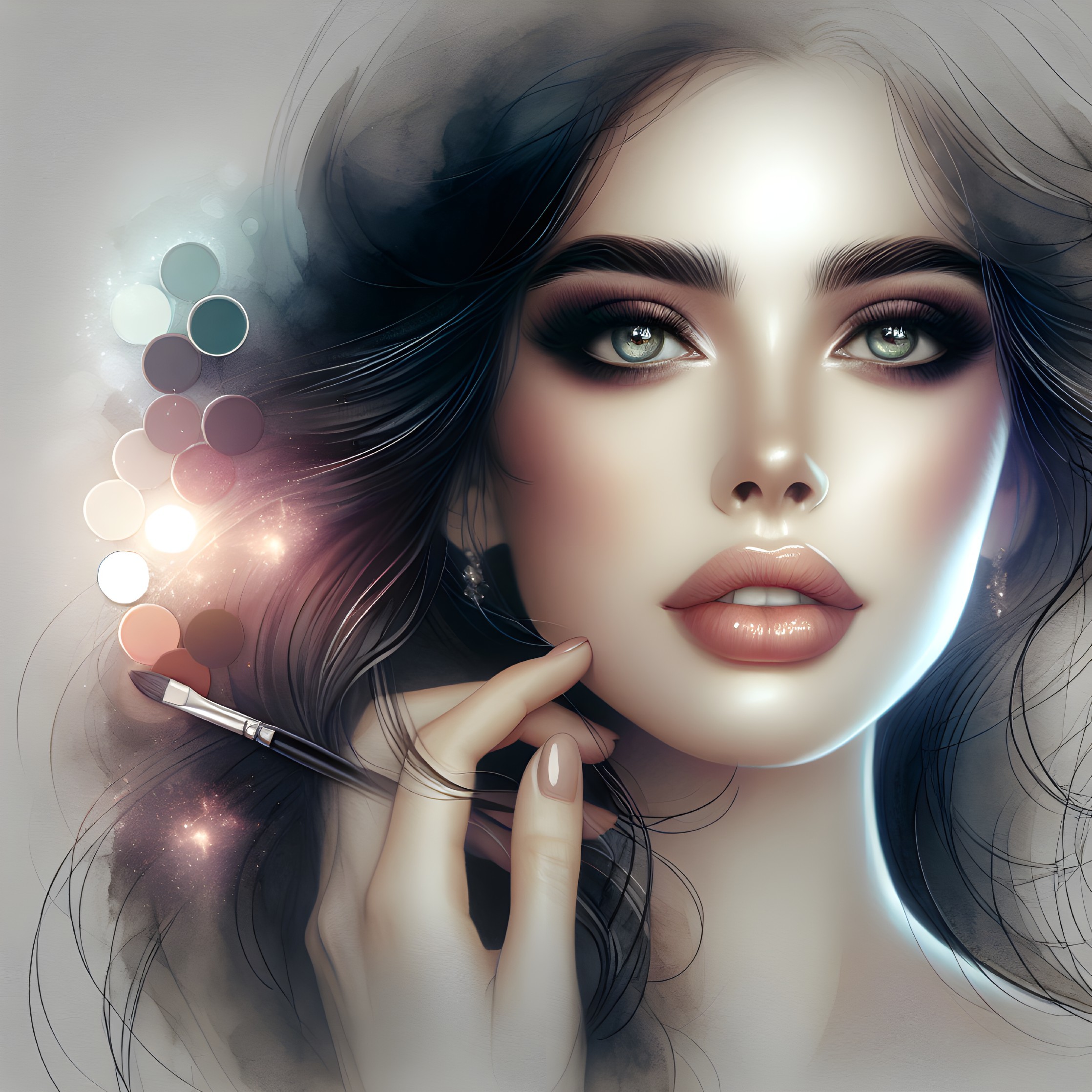 Portrait of a Woman with Green Eyes and Makeup Brush