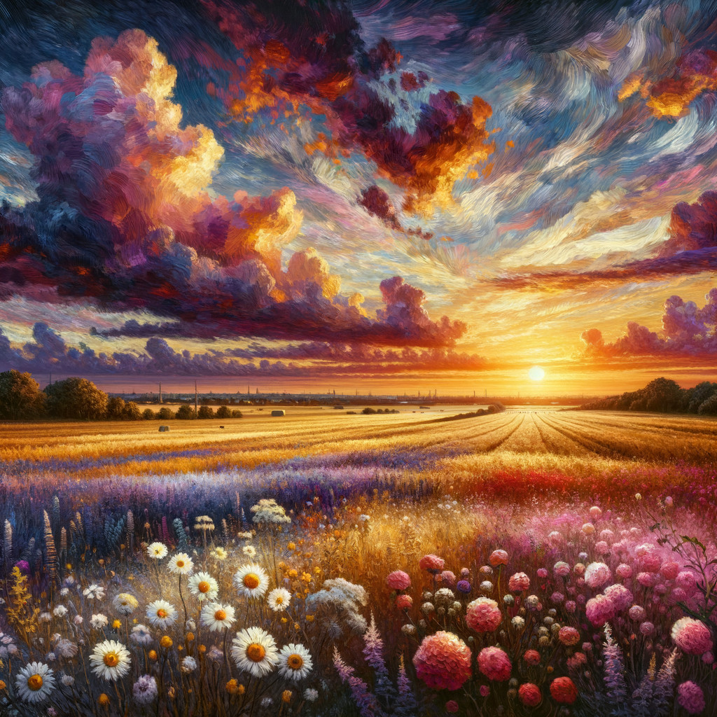 Vibrant Sunset Over a Field with Wildflowers and Trees