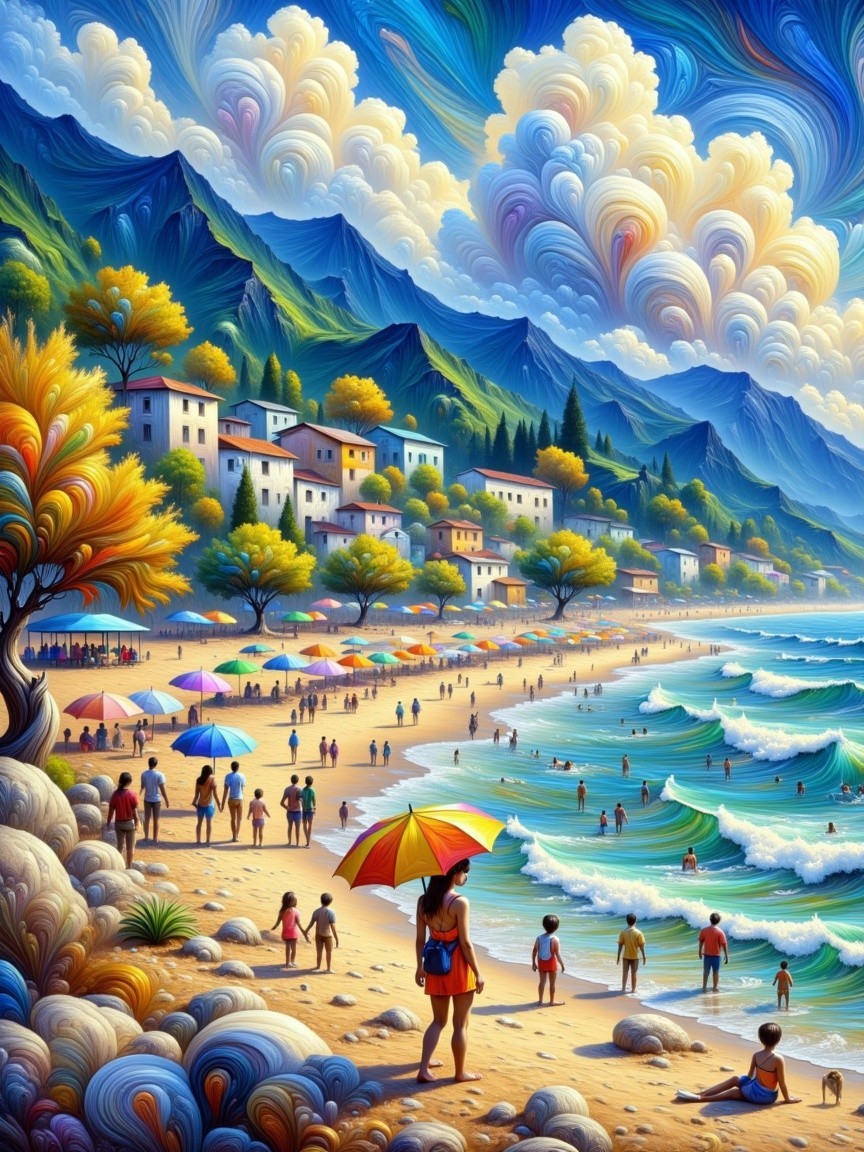 Vibrant Beach Scene with Umbrellas and Mountains