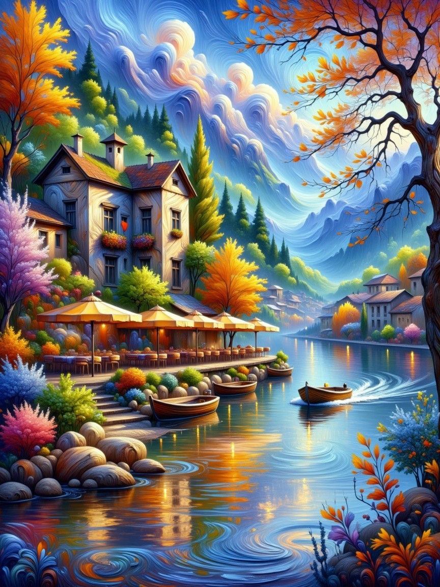 Vibrant Lakeside Scene with Autumn Foliage and Houses
