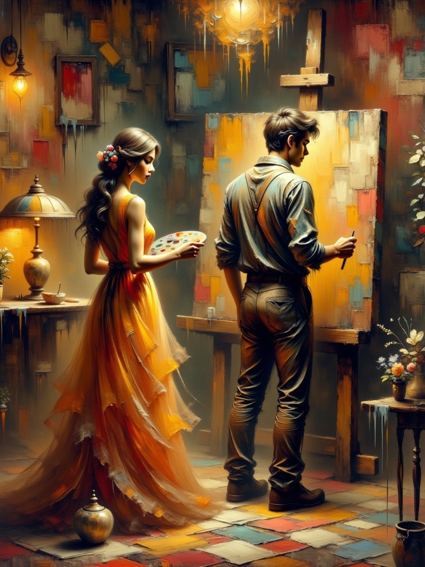 Young Couple Painting in a Warmly Lit Studio