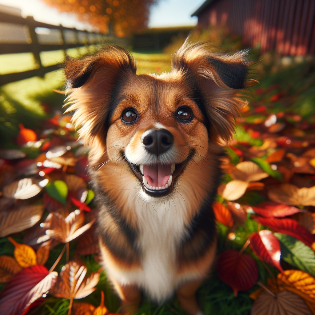 Cheerful Dog Surrounded by Colorful Autumn Leaves