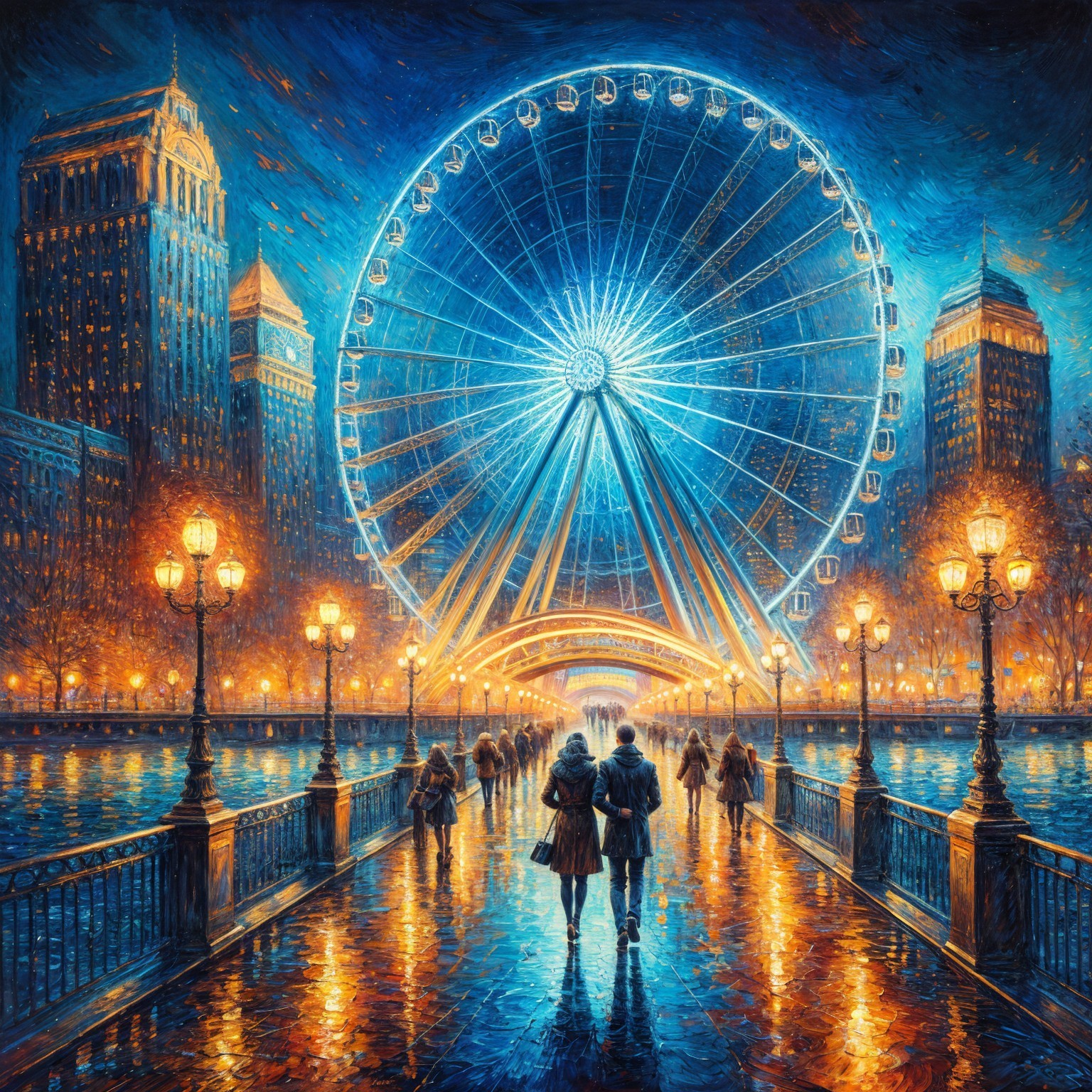 Vibrant City Waterfront Evening Scene with Ferris Wheel