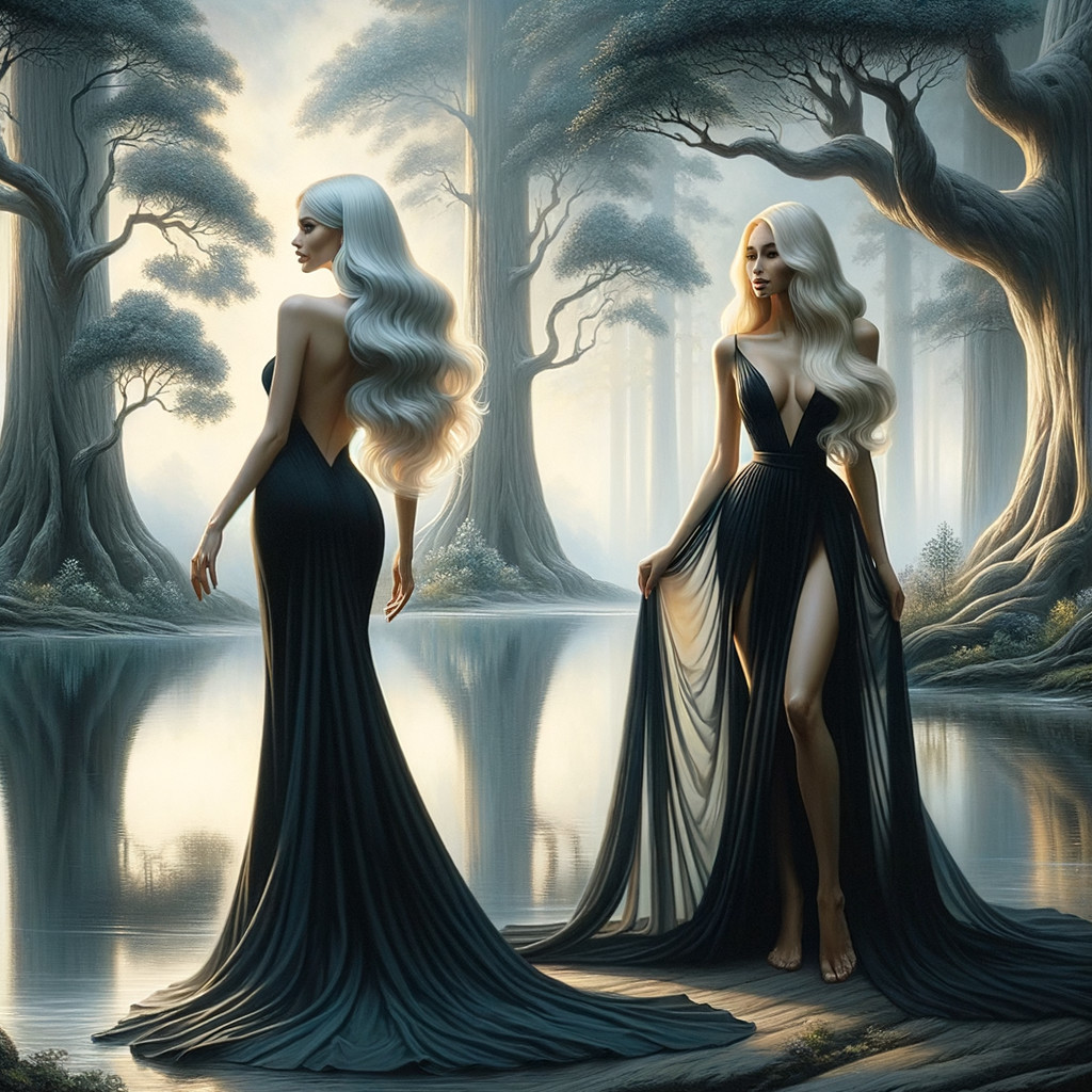 Elegant Figures in Flowing Gowns by Serene Water