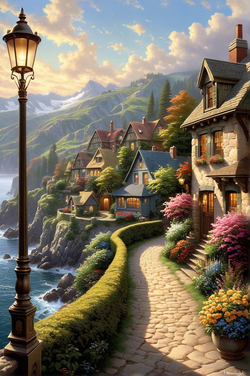 Coastal Village with Cottages and Scenic Pathway