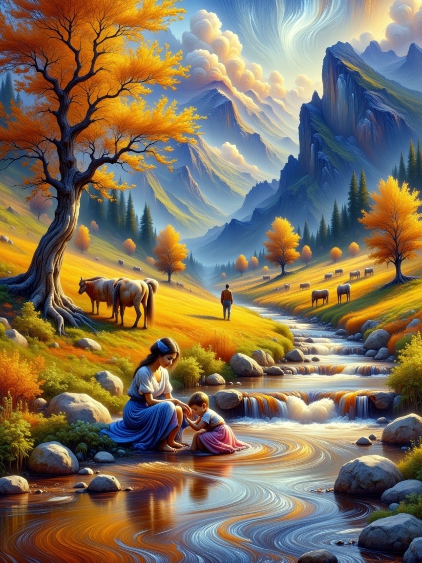 Autumn Landscape with Woman and Child by Stream