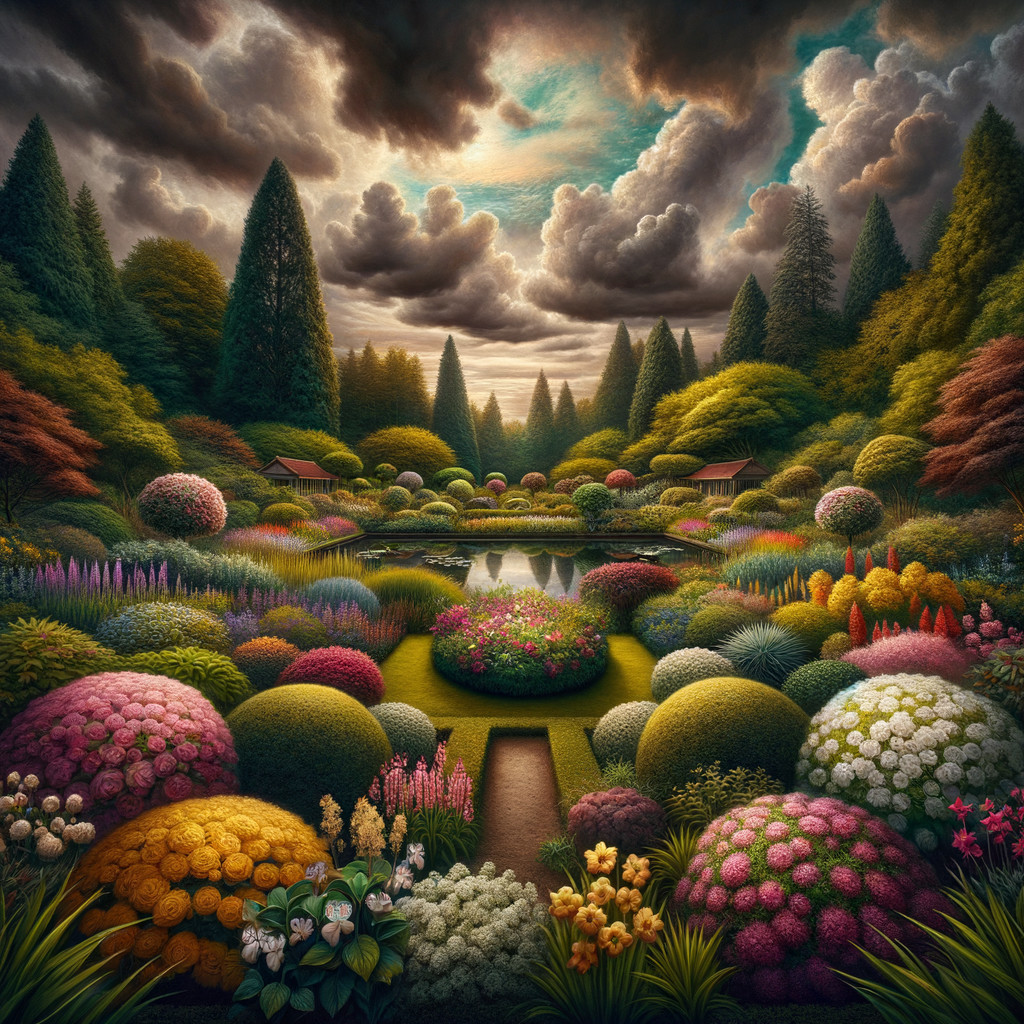 Vibrant Garden with Colorful Flowers and Tranquil Pond
