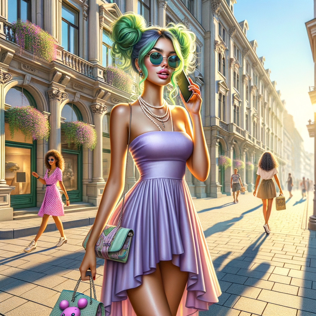 Fashionable woman with teal hair in urban setting