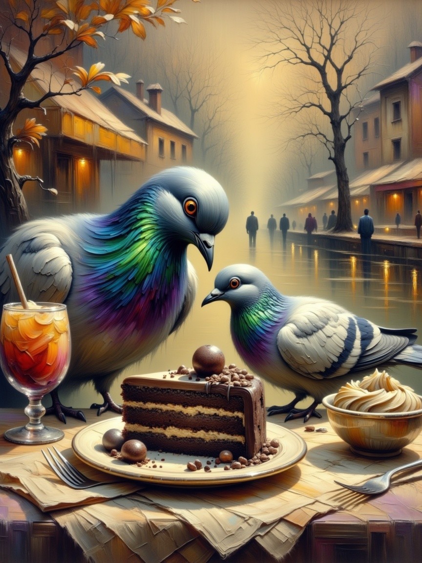 Colorful Pigeons by Dessert Table at Sunset Scene