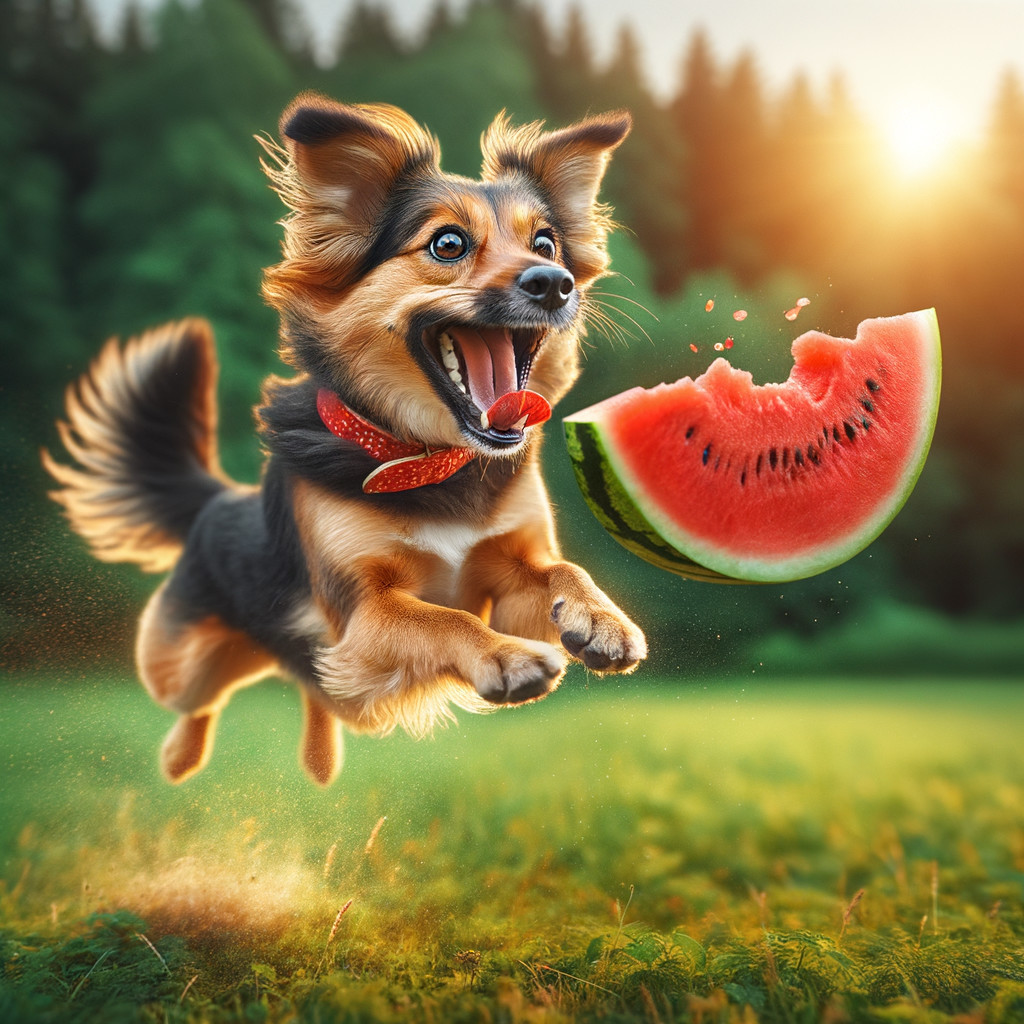 Joyful Dog Leaps in Sunlit Field with Watermelon