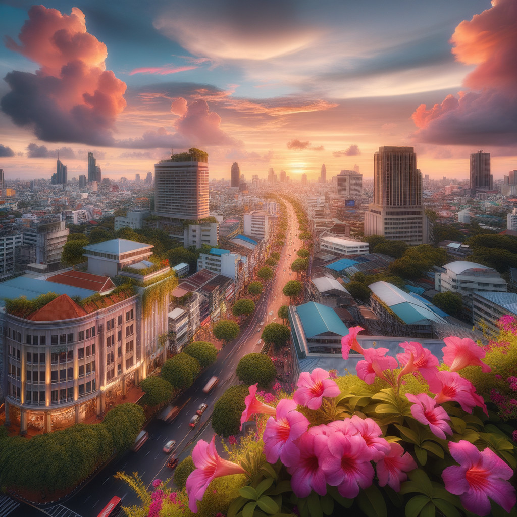 Vibrant Cityscape at Sunset with Skyscrapers and Nature