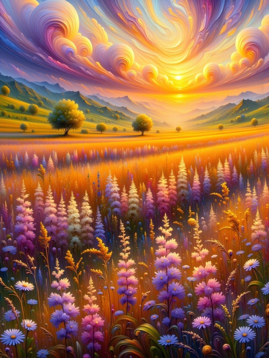 Vibrant Landscape with Colorful Flowers at Sunset