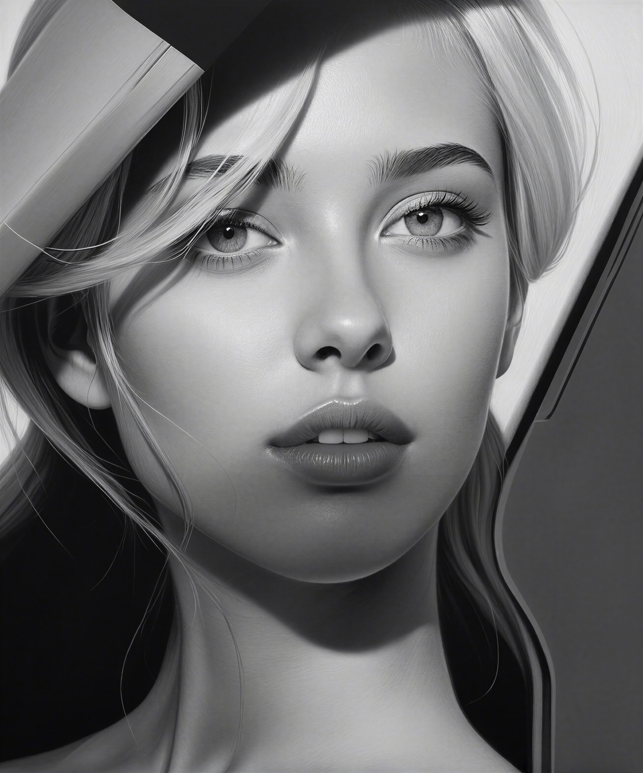 Black and White Portrait of a Young Woman with Geometric Background