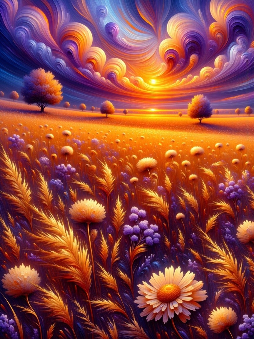 Vibrant landscape with colorful flowers at sunset