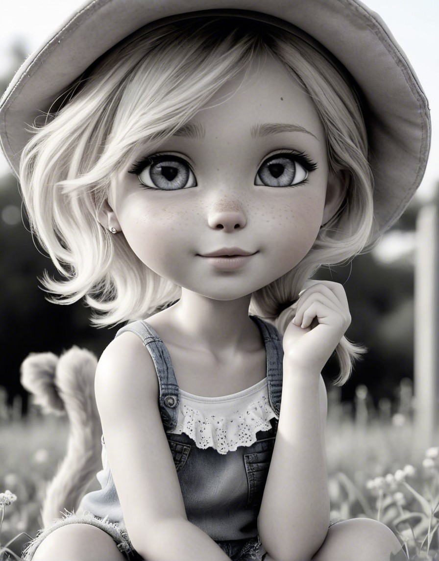 Charming Young Girl in Straw Hat and Denim Overalls