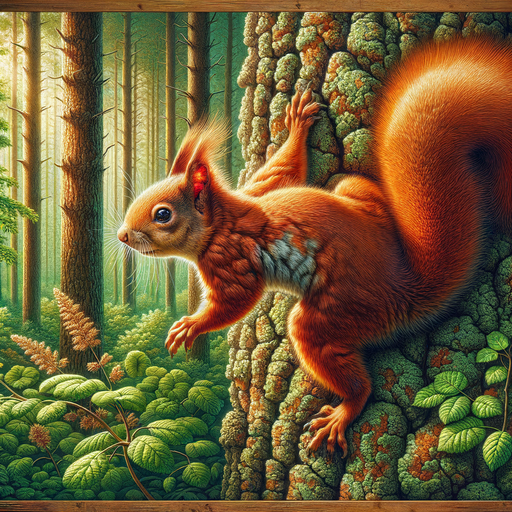 Red Squirrel on Tree Bark in Sunlit Forest
