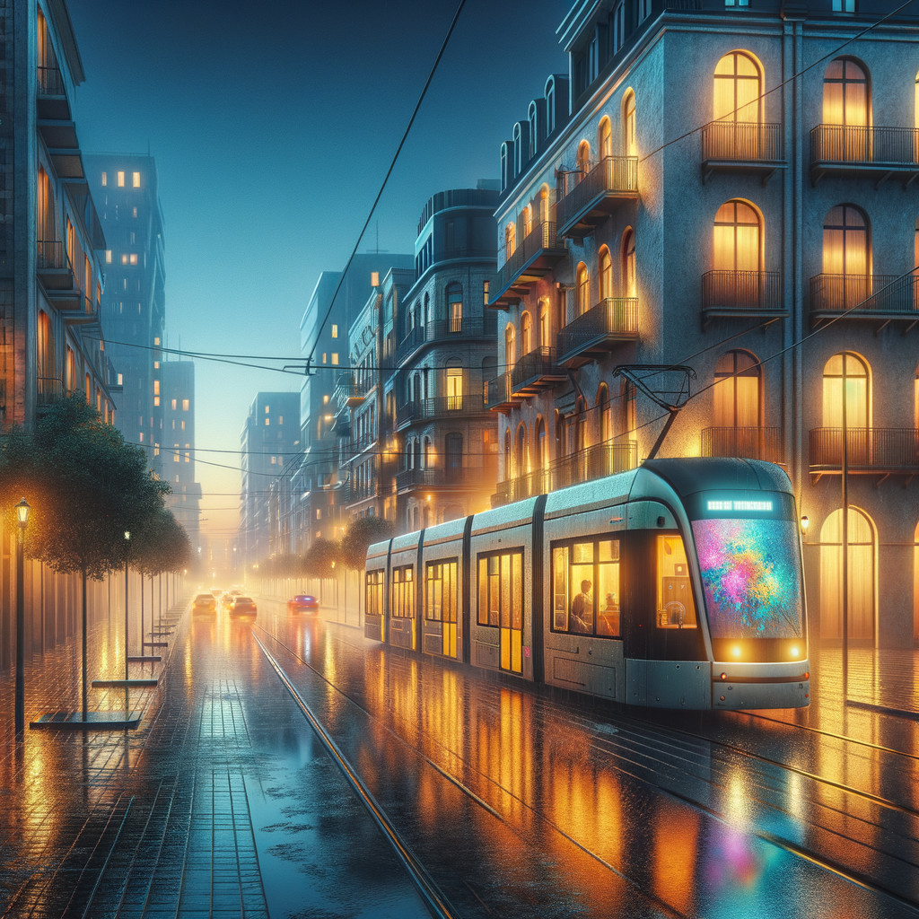Futuristic Tram in Misty Night Cityscape with Rain