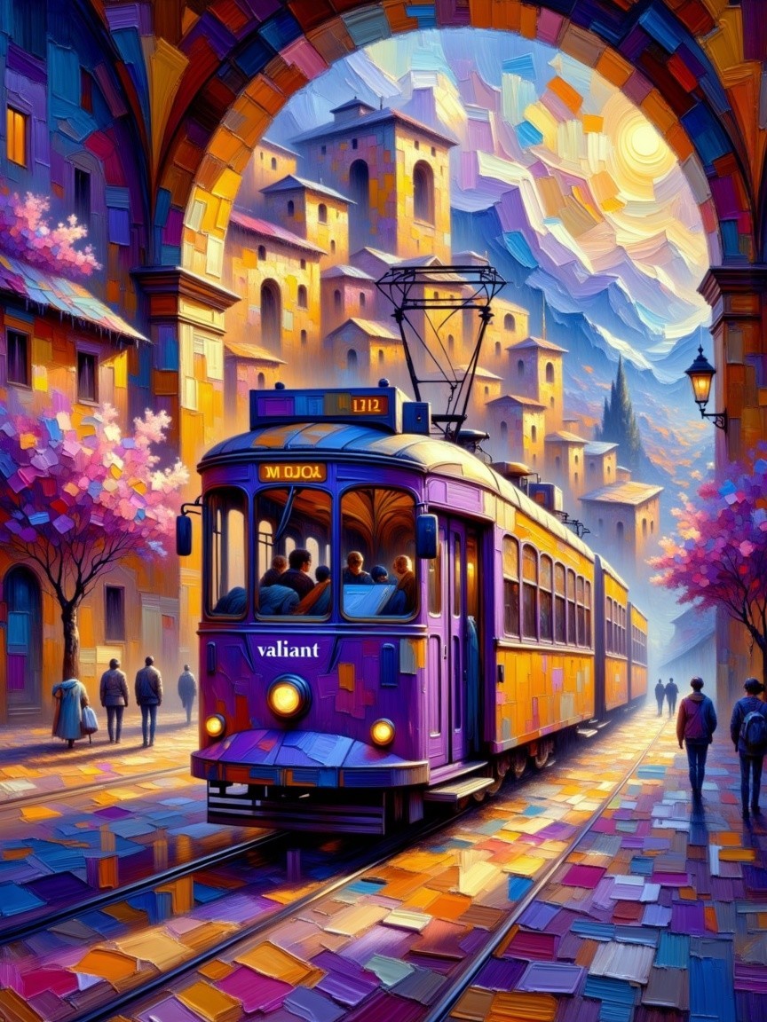 Purple Tram on Cobblestone Street at Sunset