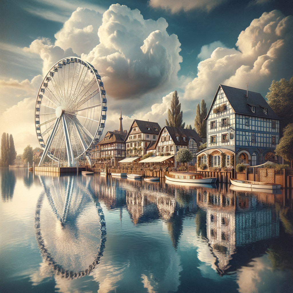 Riverside Scene with Ferris Wheel and Historic Buildings