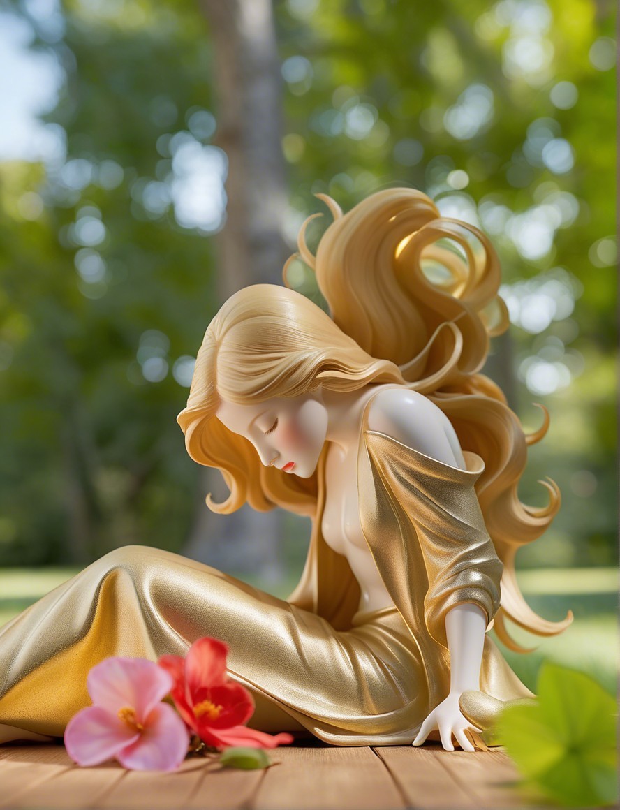 Golden-haired figurine in serene outdoor setting