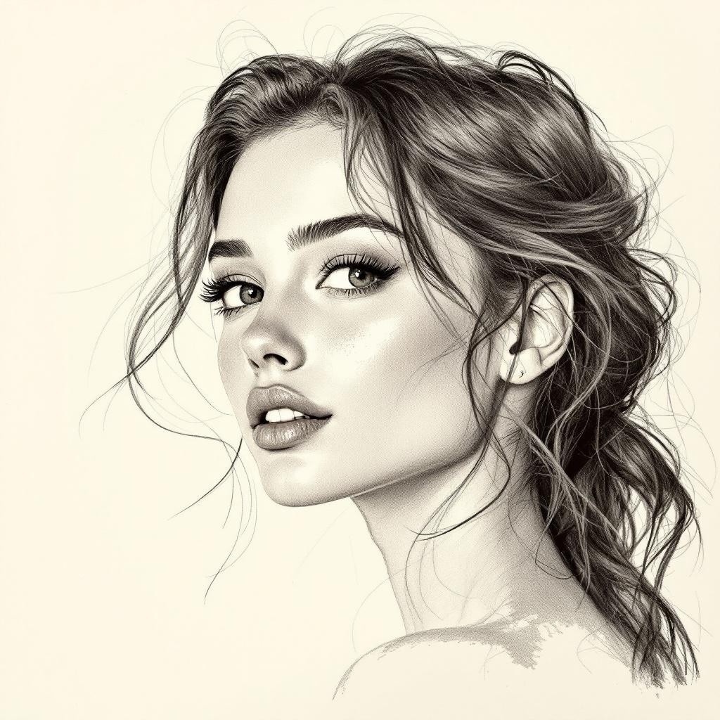 Realistic Portrait of a Young Woman with Tousled Hair