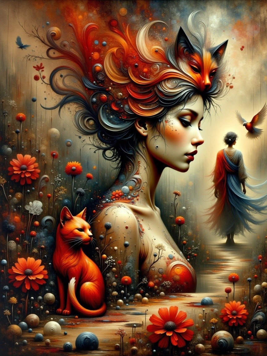 Vivid Artwork of a Woman with Fox Heads and Flowers