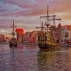 Twilight Riverside Scene with Quaint Buildings and Boats