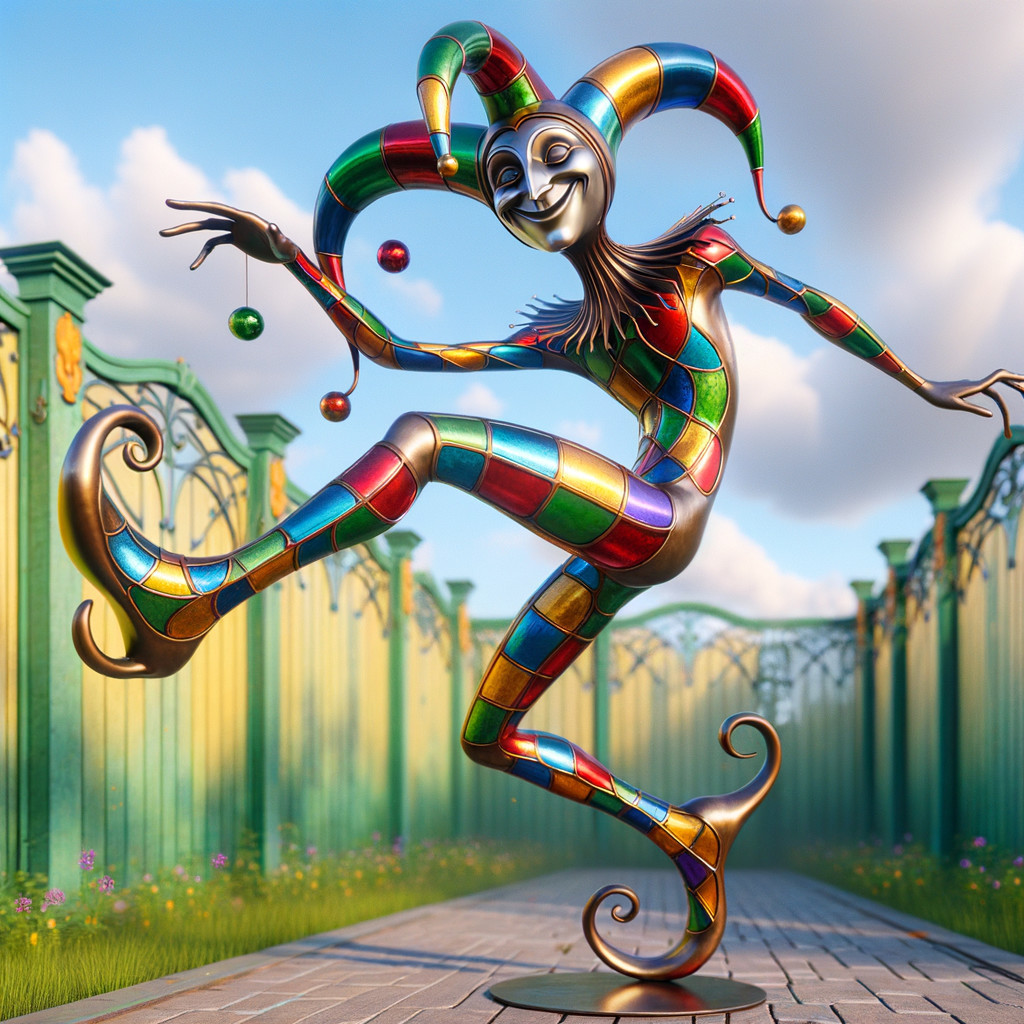 Jester Figure in Colorful Costume in Garden Pathway