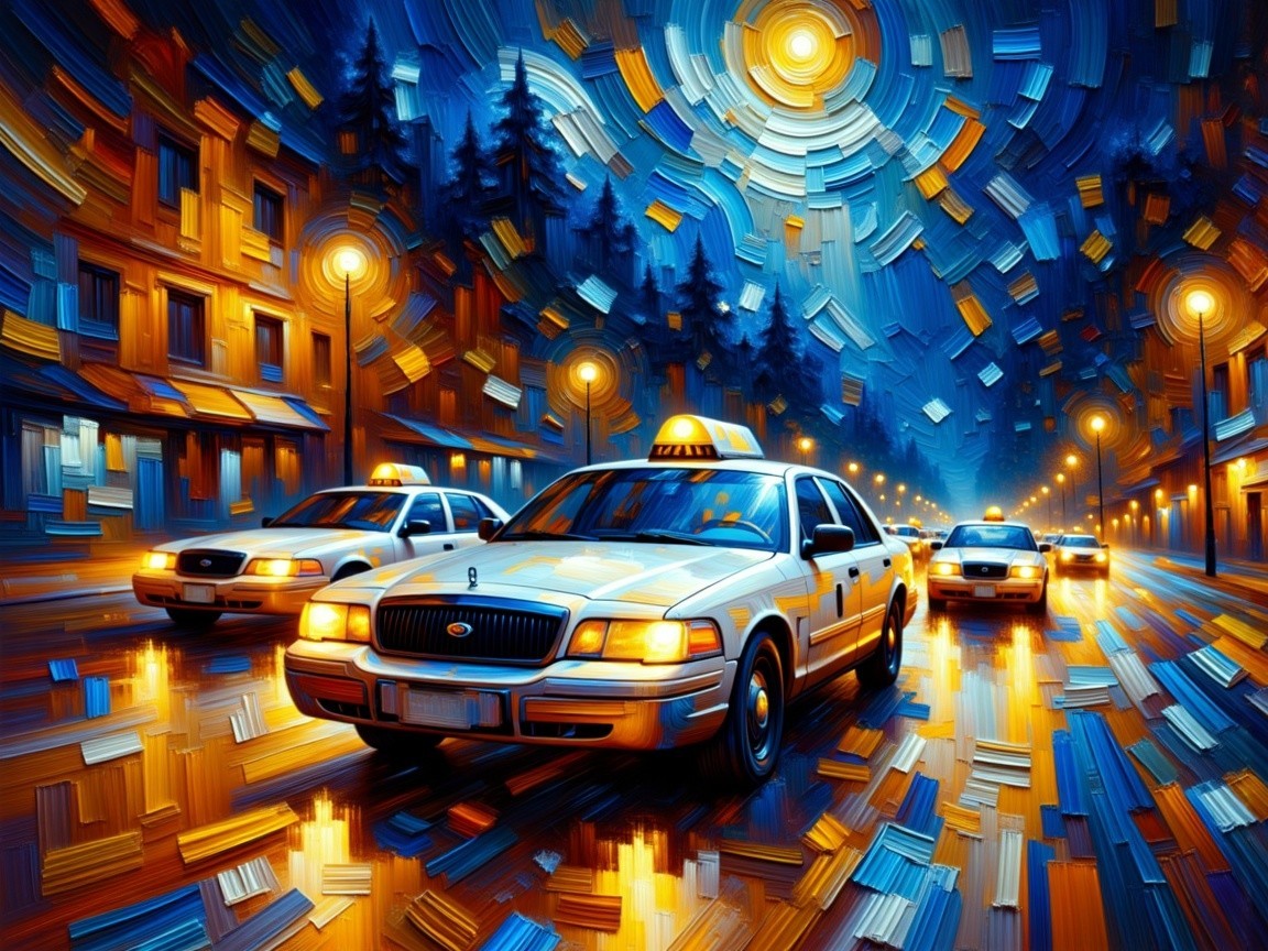 Nighttime City Street with Taxis and Starry Sky