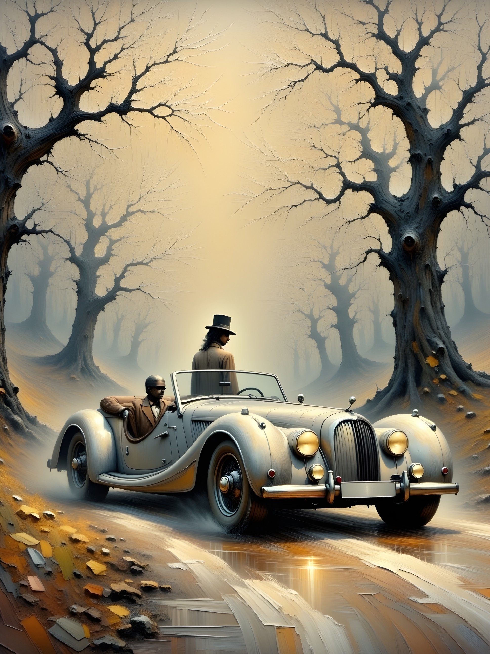 Vintage Convertible on Foggy Path with Leafless Trees