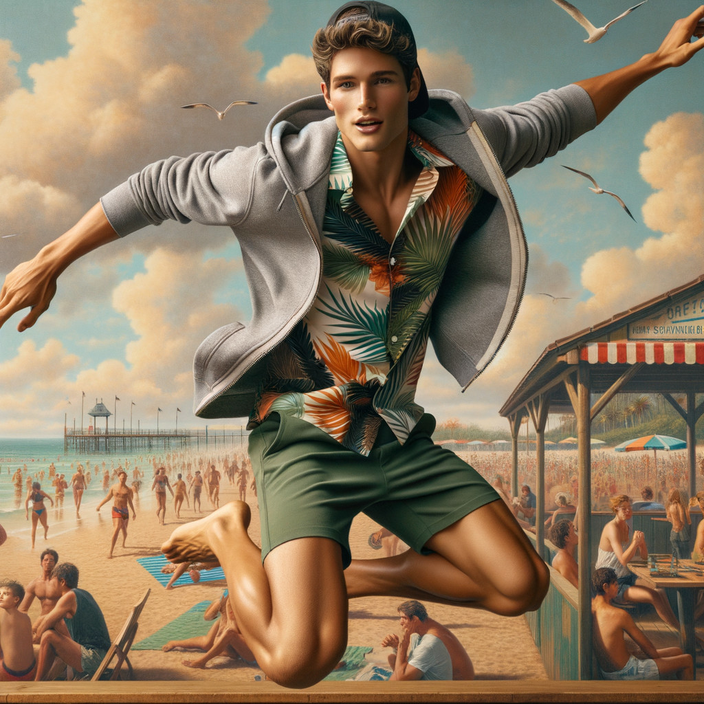 Young man joyfully leaps in vibrant beach scene
